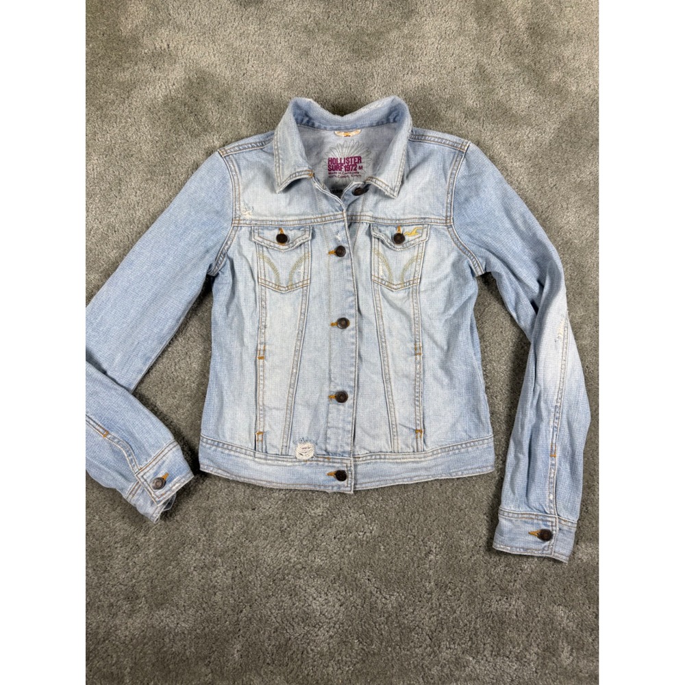 Hollister Surf 1972 Light Wash Distressed Denim Trucker Jacket Womens Medium M